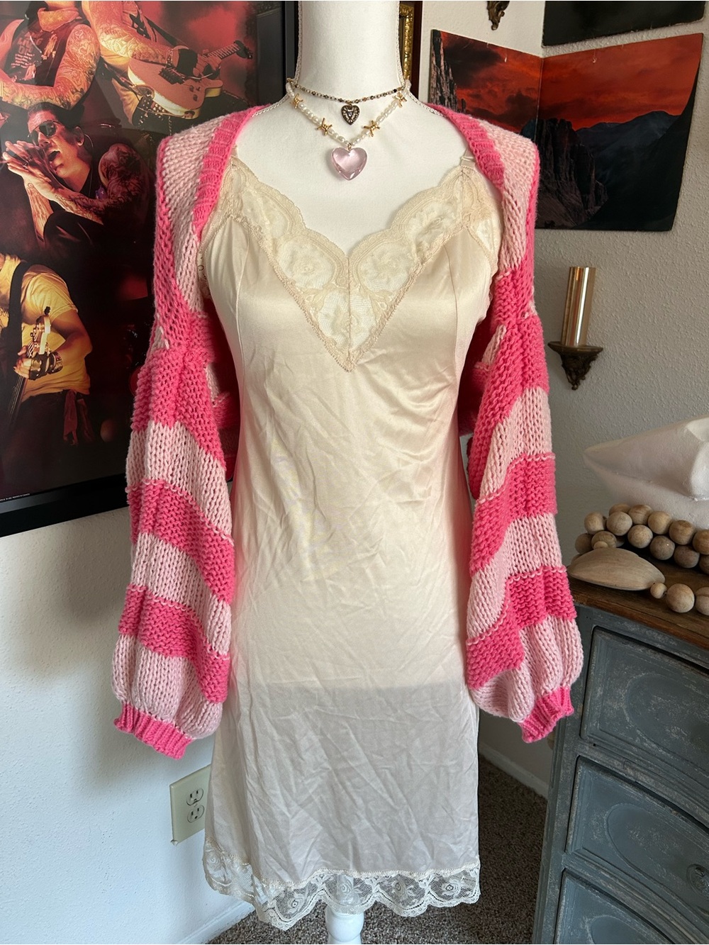 Handmade Chunky Knit Shrug Bolero Pink Stripe Crop Scene Punk Coquette Soft Girl